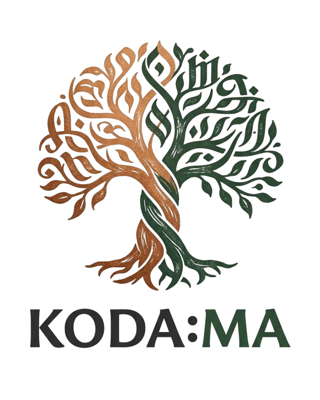 A logo featuring a tree split into two halves, one side with brown, leafless branches and the other with green, leafy branches. The words 'KODA:MA' are written below the tree, with 'KODA' in gray and 'MA' in green.