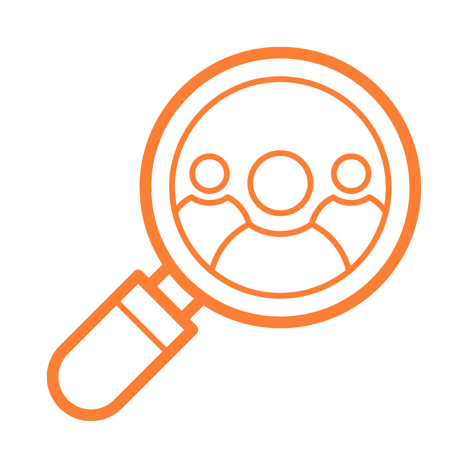 Icône orange d'une loupe examinant un groupe de trois personnes.