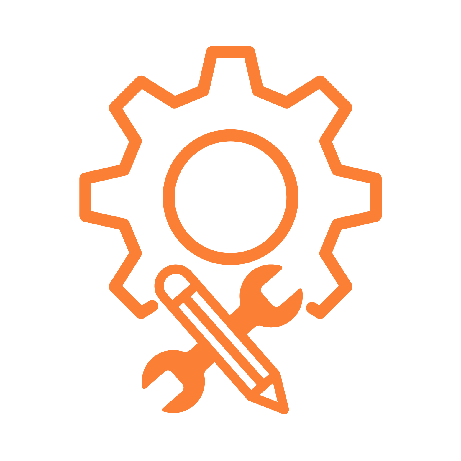Icône orange représentant une roue dentée avec un tournevis et une clé à molette croisées devant, symbole de réparation ou d'entretien technique.