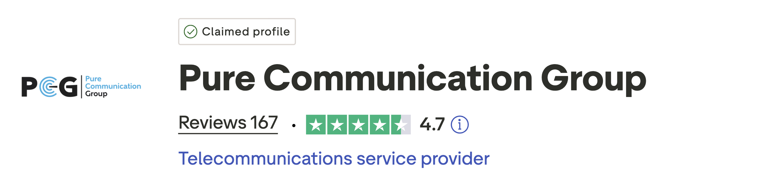 Screenshot of a business profile for Pure Communication Group showing reviews, star rating, and classification as a telecommunications service provider.