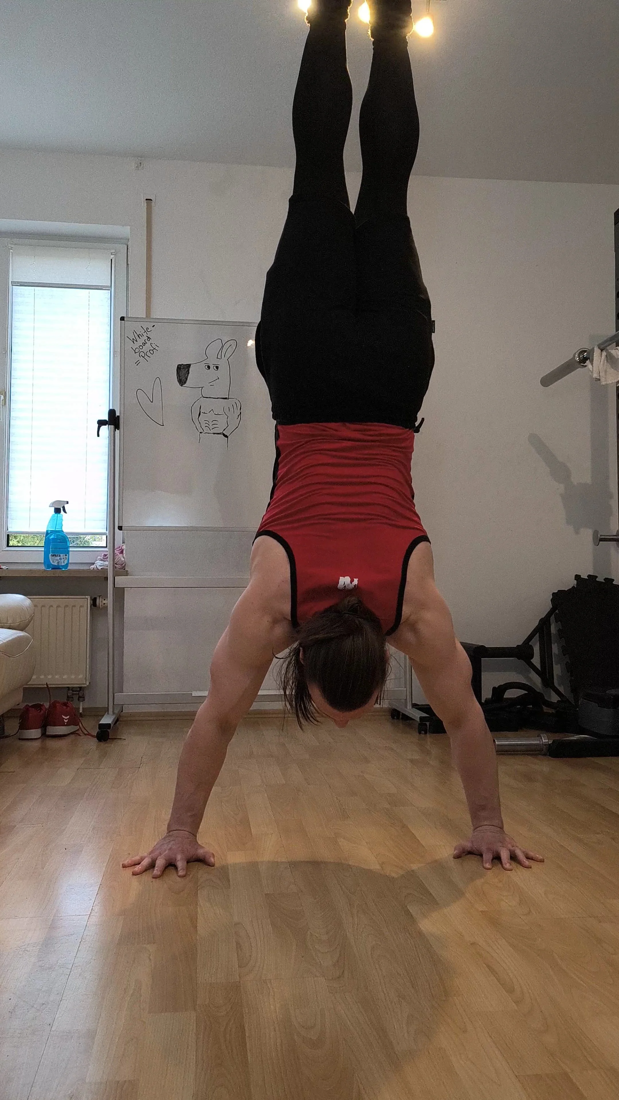 Frau macht einen Handstand in einem Raum mit Holzboden, weißen Wänden, einem Fenster, einem Whiteboard mit einem lustigen Hundekreation und einem Herz, sowie Fitnessgeräten im Hintergrund.