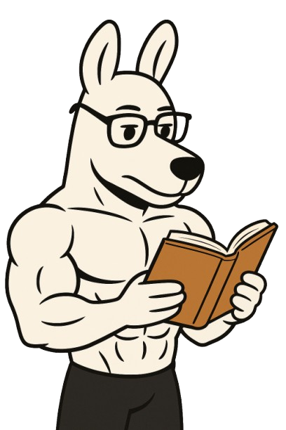 Zeichentrickfigur eines muskulösen Hundes mit Brille, der ein Buch liest.
