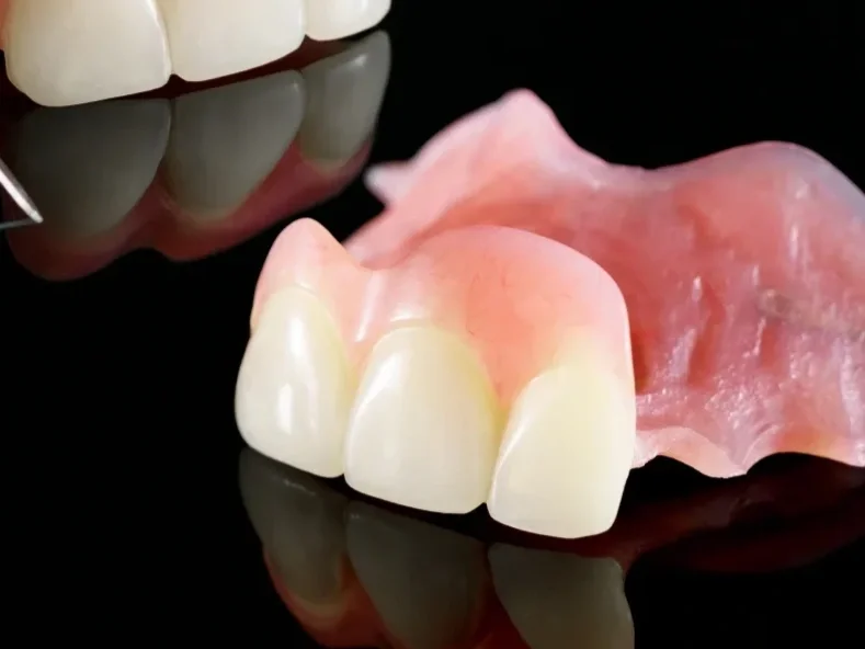 A close-up of a dental prosthetic, including a set of artificial teeth on a pink, gum-colored base and a few natural teeth reflected on a black surface.