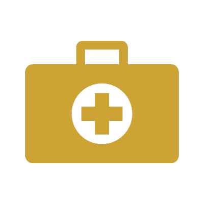 Gold medical kit with a cross symbol on it.