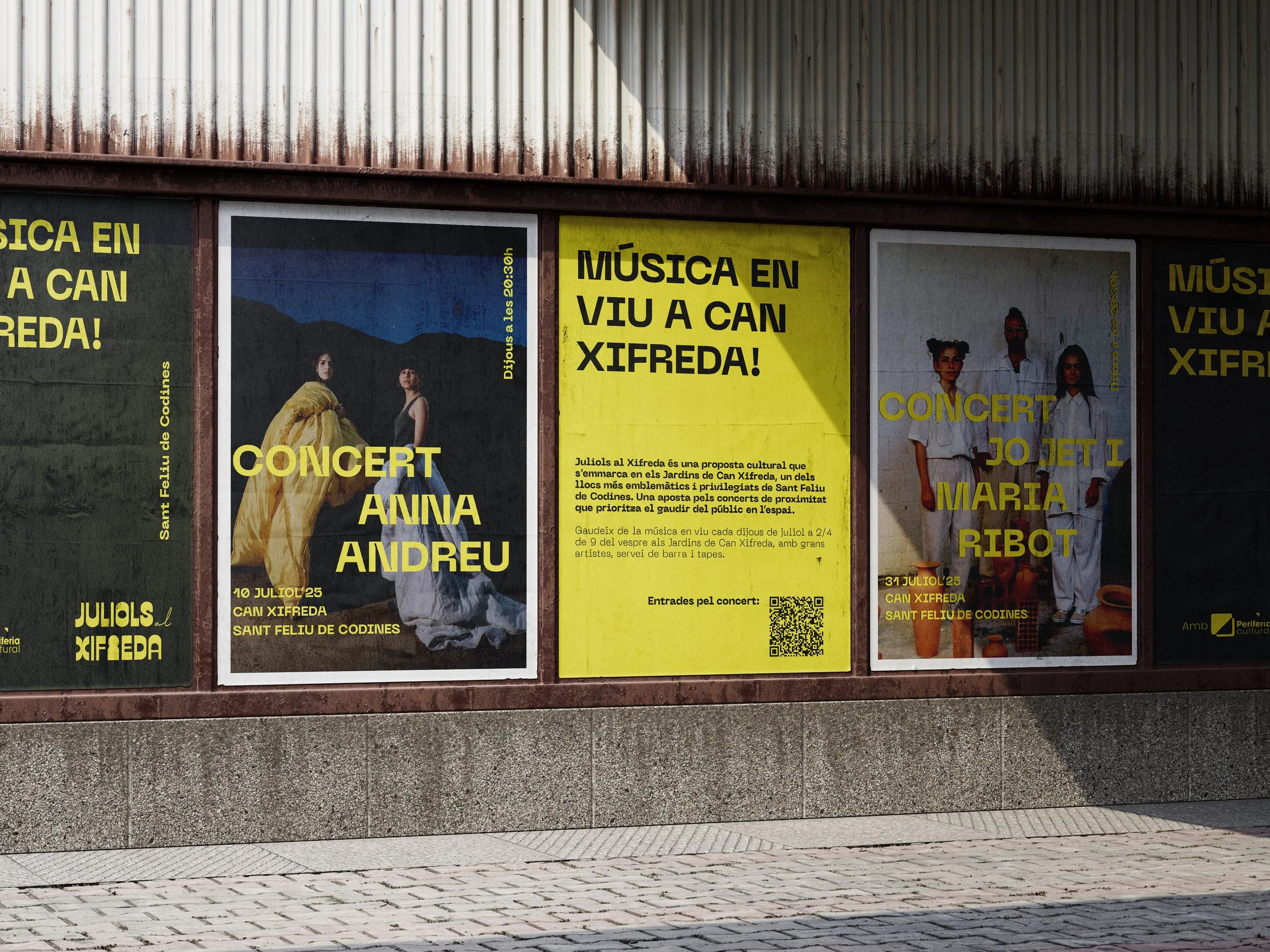 Tres cartells que anuncien concerts de música en català, amb les artistes Anna Andreu i Maria Ribot, amb detalls de l'esdeveniment, com ara les dates del 10 i el 31 de juliol de 2025 i la ubicació a Can Xifreda de Sant Feliu de Codines.