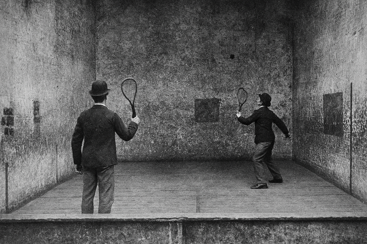 Two people in vintage clothing holding squash rackets in a small, enclosed tennis court with weathered walls - a depiction of the first ever squash court