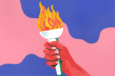 A hand holding a flaming Olympic torch against a pink and blue abstract background.