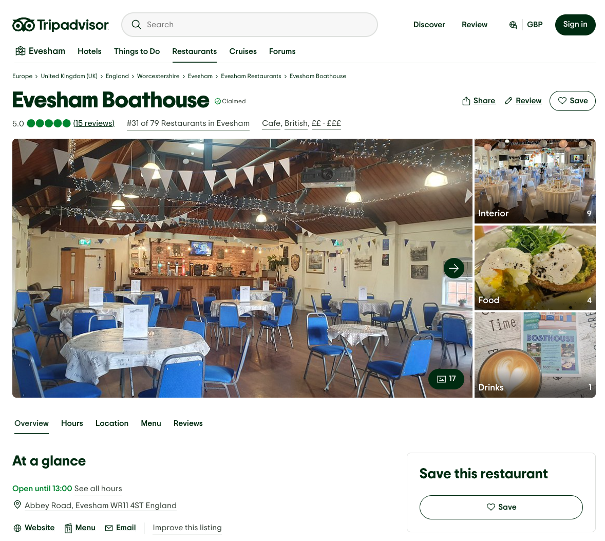 The image shows the interior of Evesham Boathouse with decorated ceiling, blue chairs, round tables with tablecloths, and a bar in the background.