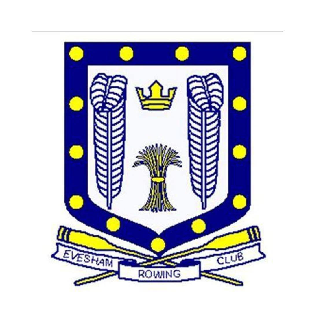 Emblem of Evesham Rowing Club featuring a shield with a crown, a sheaf of wheat, and four feathers, with the club name on a ribbon below.
