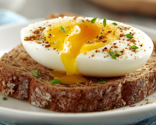 Close-up of a soft-boiled egg on a slice of toasted bread, garnished with chopped herbs, with the egg yolk partially spilled.