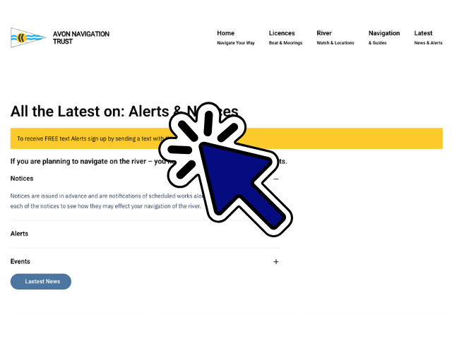 Screenshot of the Avon Navigation Trust website, showing menu options for Home, Licences, River, Navigation, and Latest, with a large cursor icon pointing to the yellow notification bar.