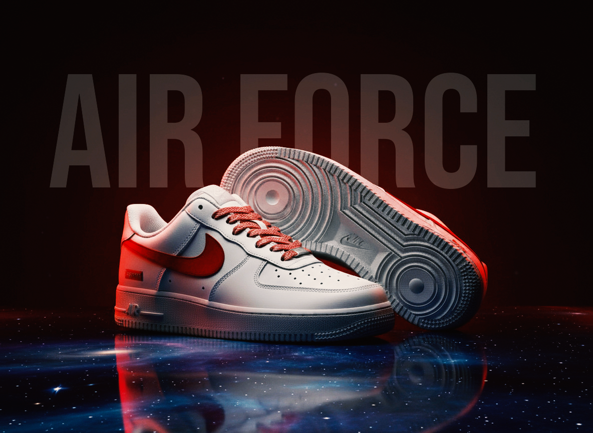 Pair of Nike Air Force sneakers with white leather and red swoosh, set against a cosmic background with the words 'AIR FORCE' in the background.