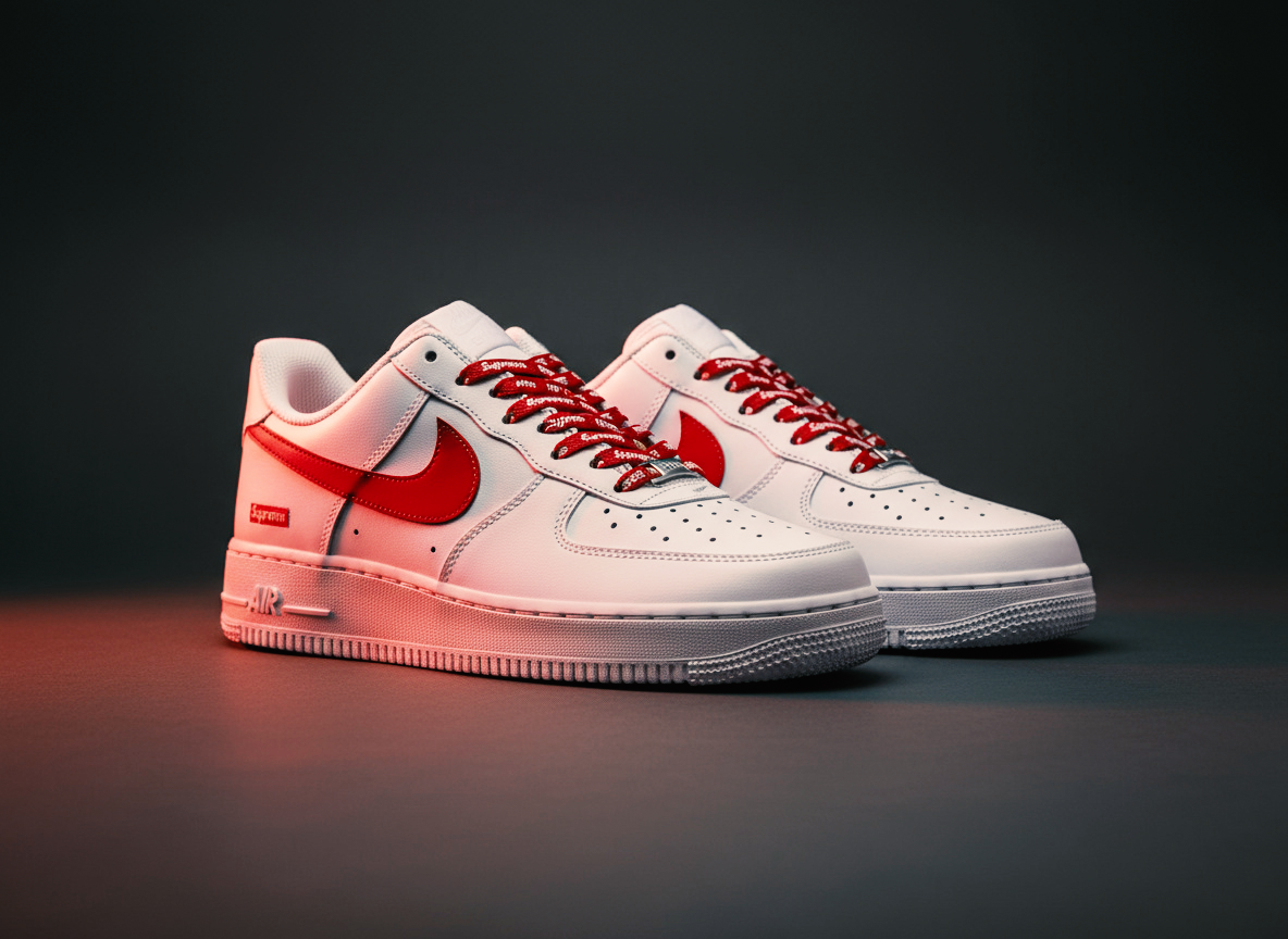 Pair of white Nike Air Force 1 sneakers with red Nike swoosh and red supreme logo accents, set against a dark background.