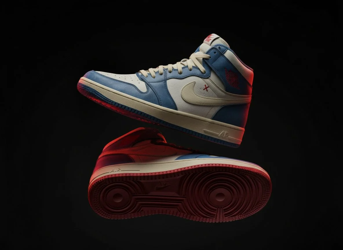 A pair of Air Jordan 1 sneakers, with the top shoe displaying a white and blue design and the bottom shoe showing a predominantly red design, both placed against a dark background.