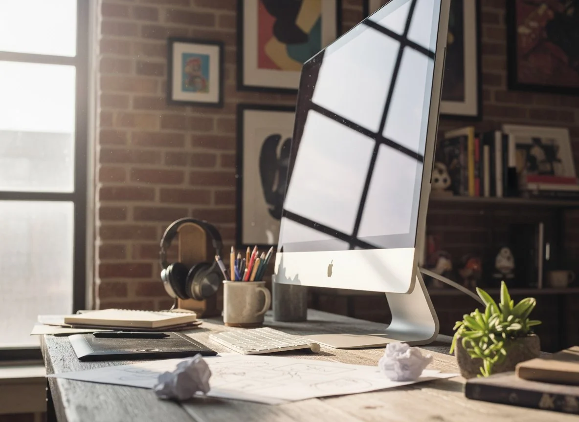 A home office desk with an iMac computer, a coffee mug filled with colored pencils, a notebook, crumpled paper, a potted plant, and a pair of headphones.