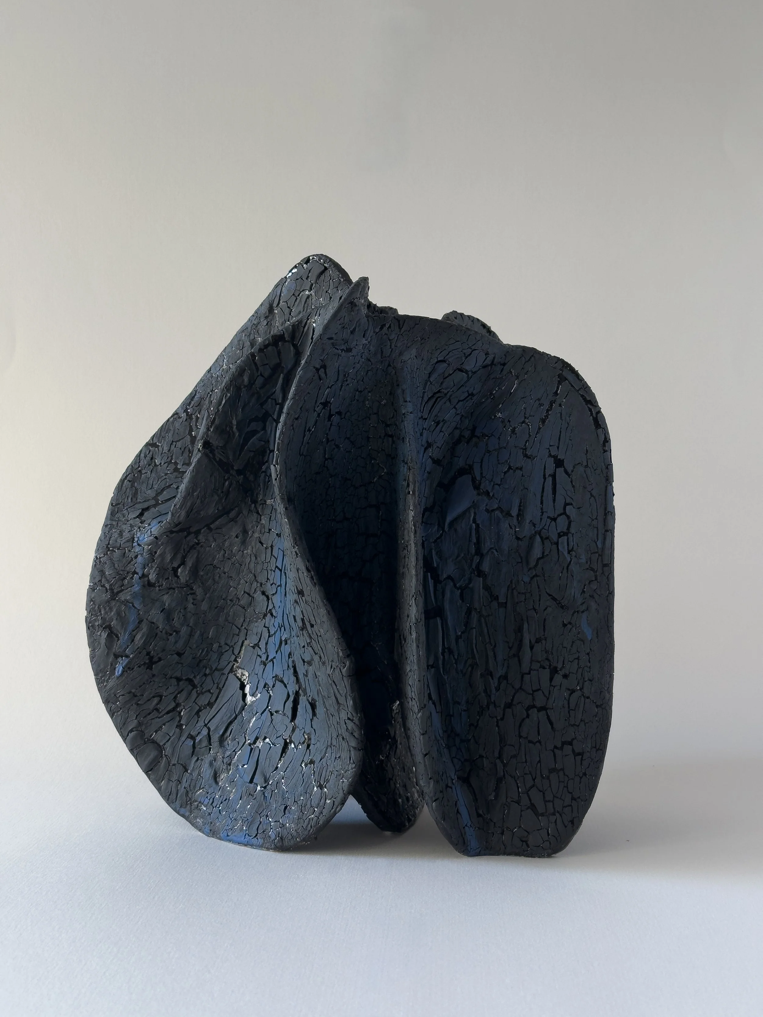 A black abstract sculpture with cracked texture, positioned against a plain white background.