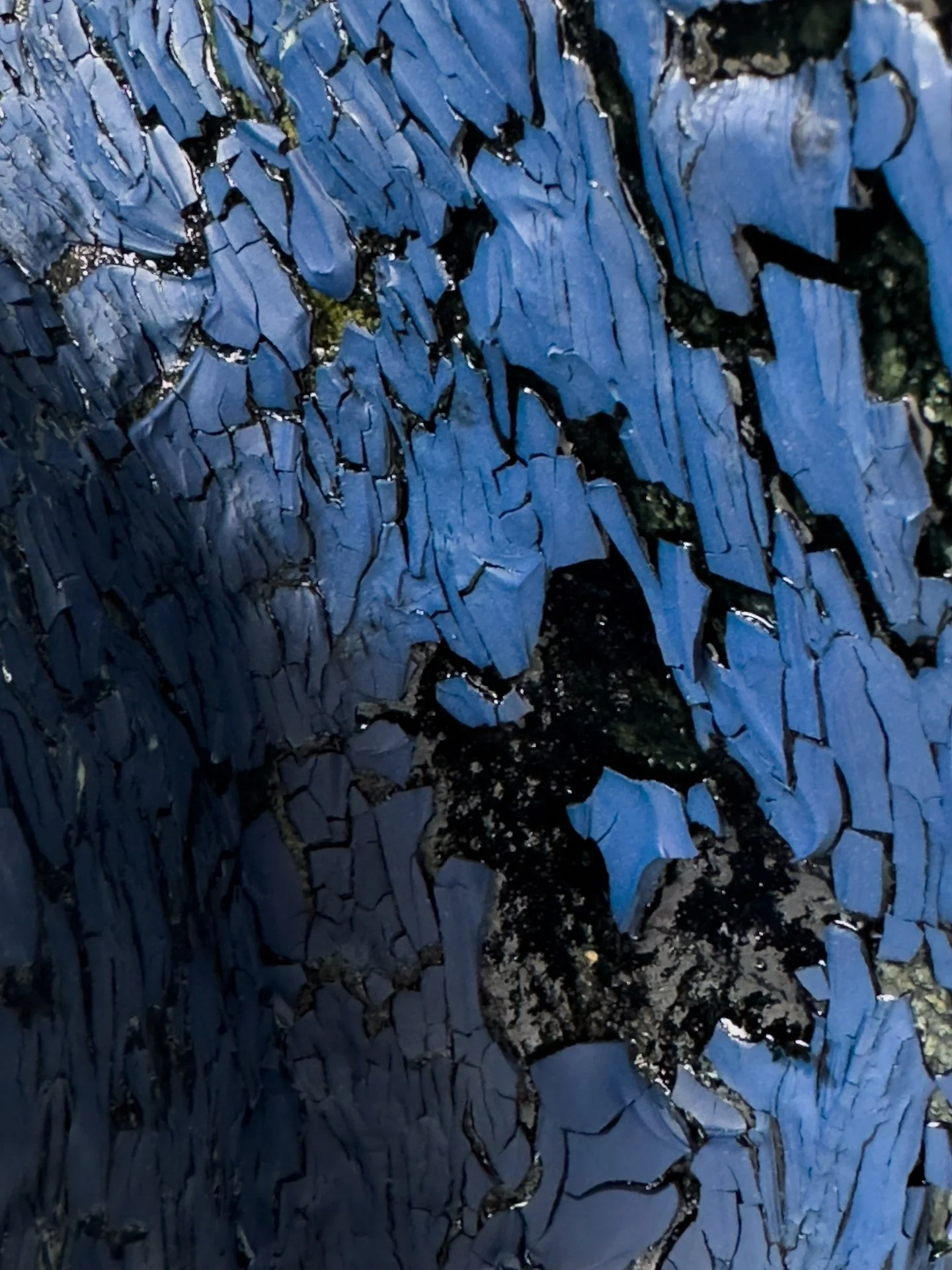 Close-up photo of blue and black cracked paint on a surface.