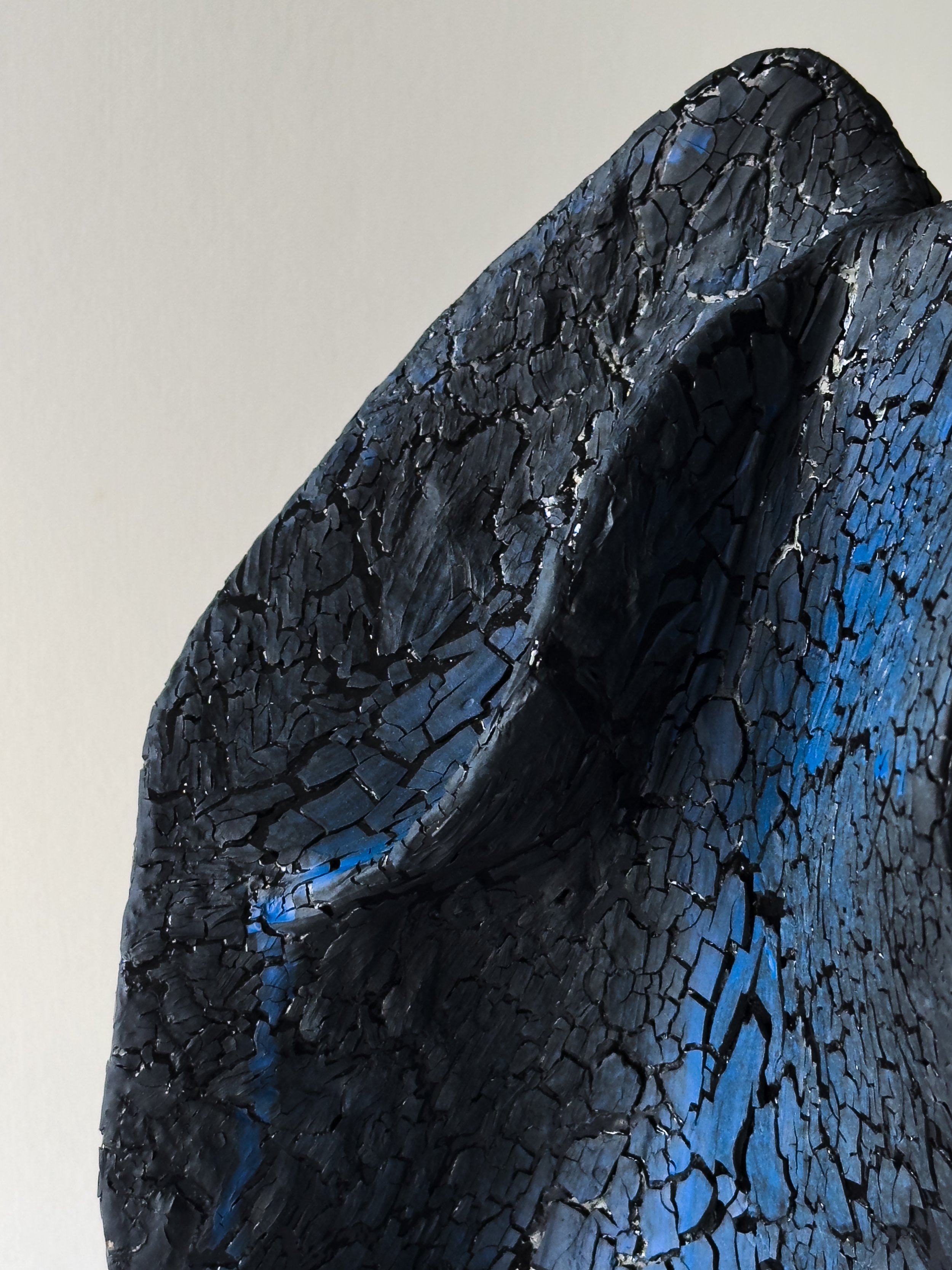 Close-up of a black wooden sculpture with a fractured, textured surface.