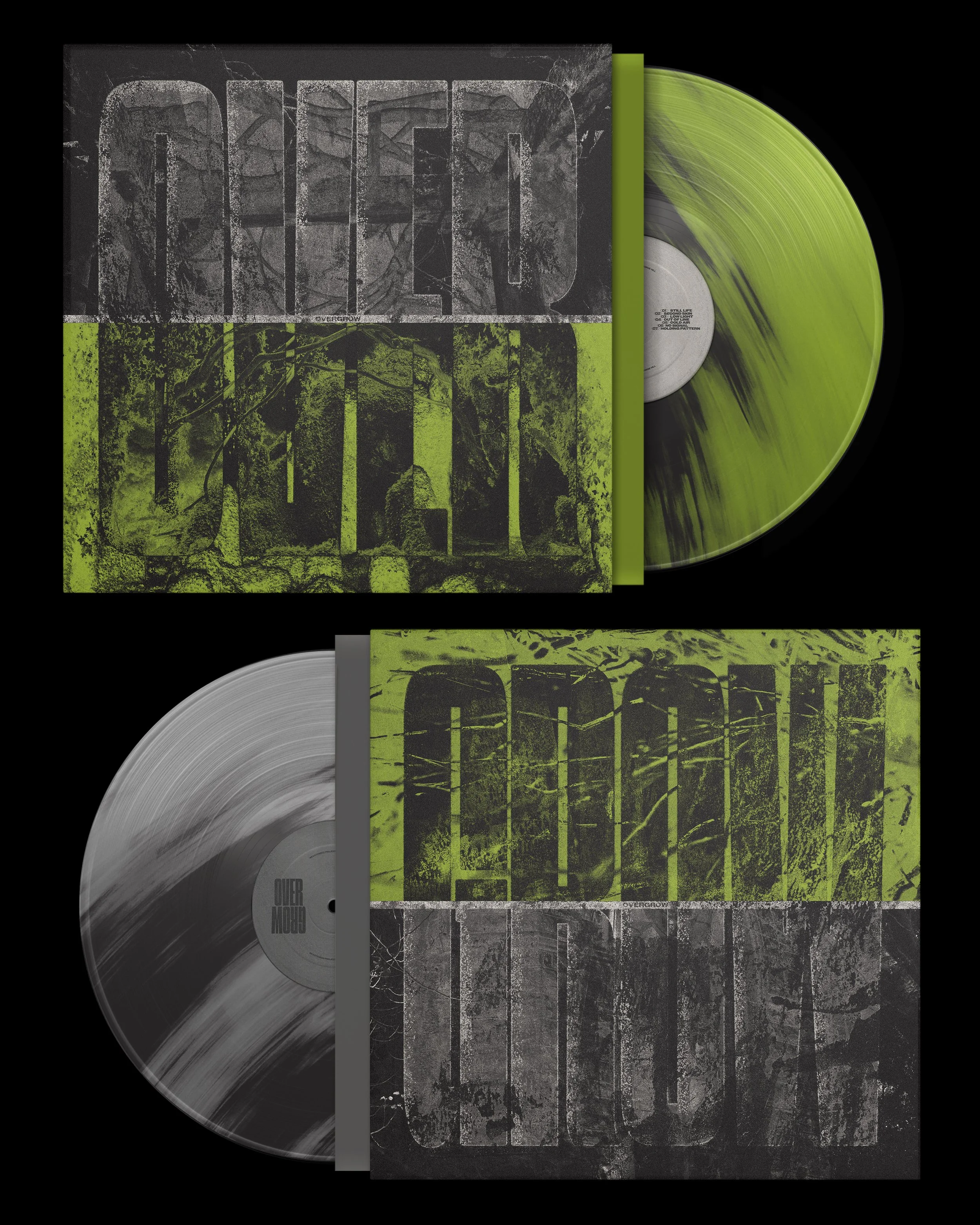 Two vinyl records with matching album covers. The top record is yellow with black streaks. The bottom record is silver with black streaks. The album covers are divided into two sections, with the top section featuring the word 'NUE' in large, weathered letters and the bottom section.showing a green and black distressed landscape scene.