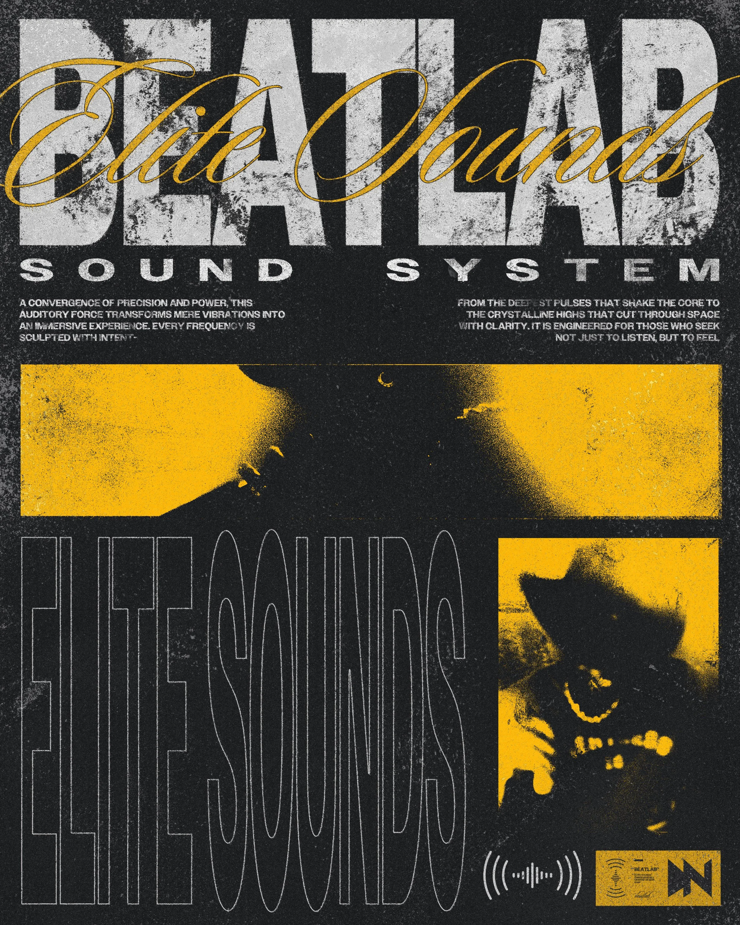 A poster for a sound system event called 'Elite Sounds'. The poster features large bold text, with a yellow and black color scheme, including abstract images of speakers or sound waves, and decorative script text overlaying the main title.
