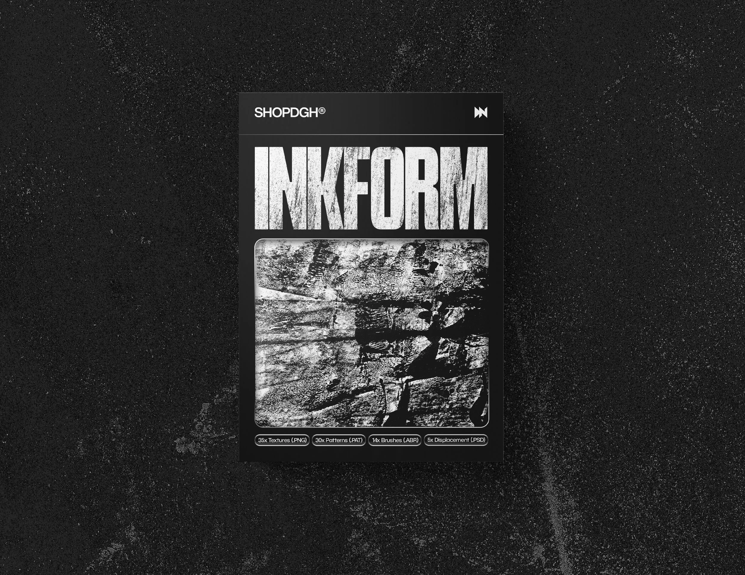 Black background with a book titled 'INKFORM' on the cover, featuring textures and patterns in black and white.