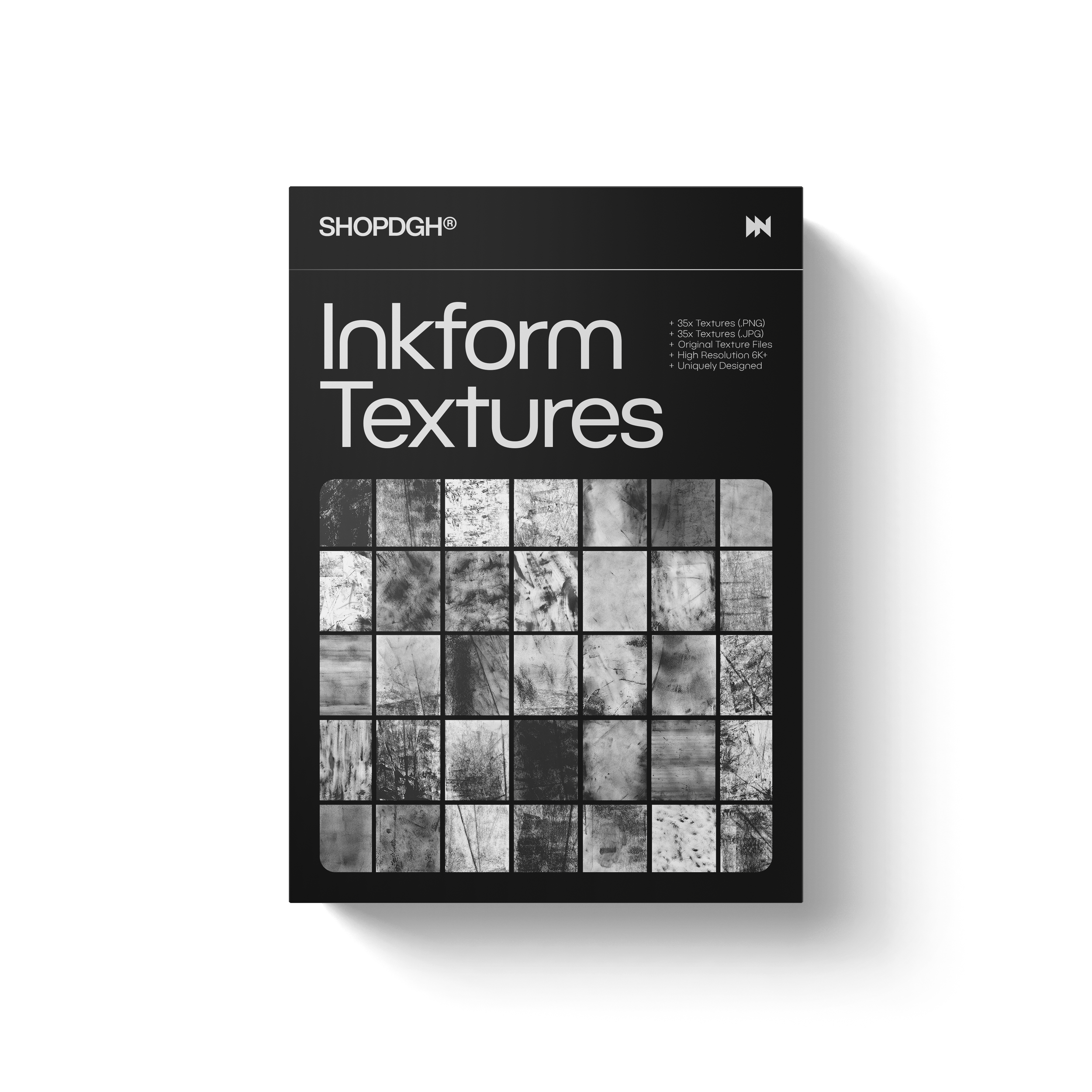 A black and white product package labeled 'Inkform Textures' with a grid of various ink and paint textures, marketed by SHOPDG.