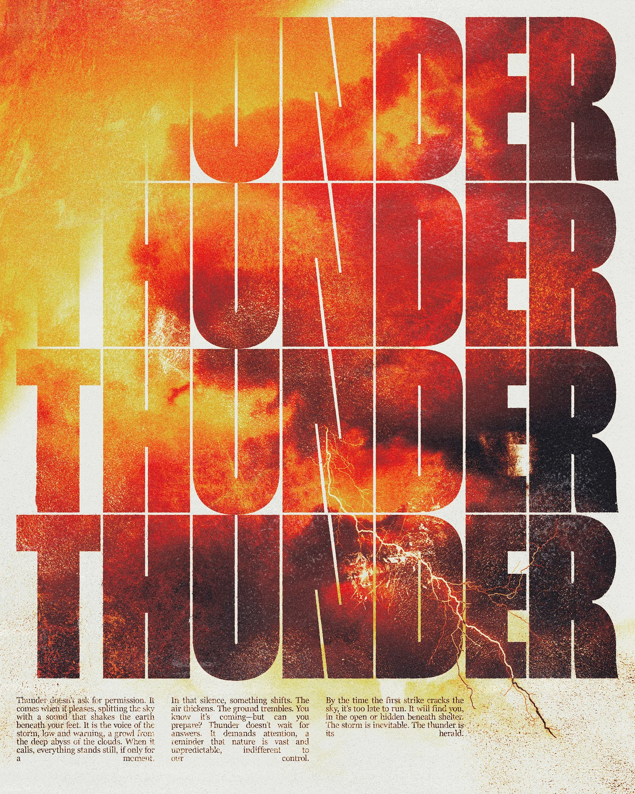 A graphic image with large bold text saying 'UNDER THUNDER' in dark red and black. The background has a fiery storm with clouds and lightning, predominantly in red, orange, and yellow colors. There is also a paragraph of text at the bottom describing a thunderstorm.