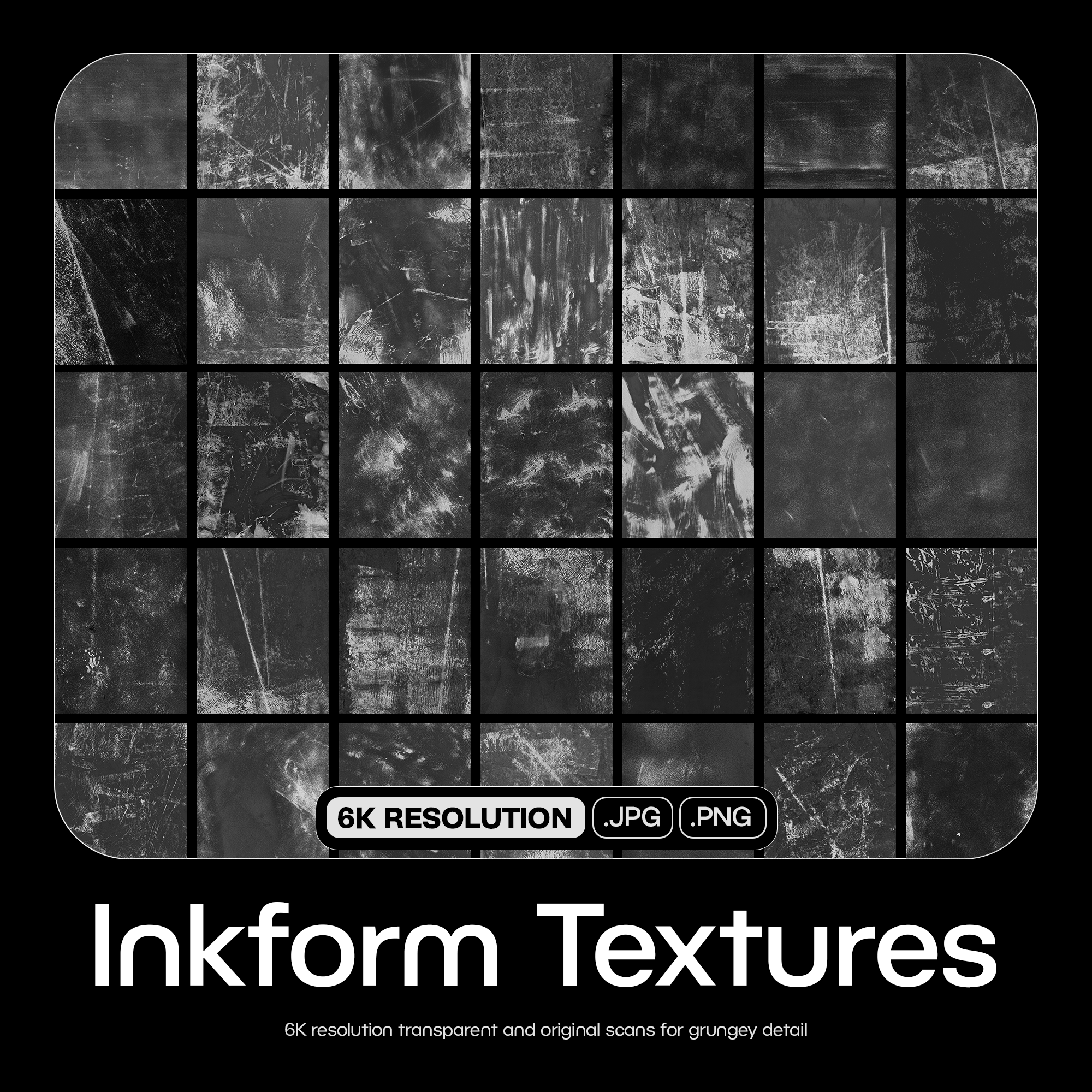 Collection of black and white inkforge textures displayed in a grid, labeled as high resolution .jpg and .png files for grunge detail.