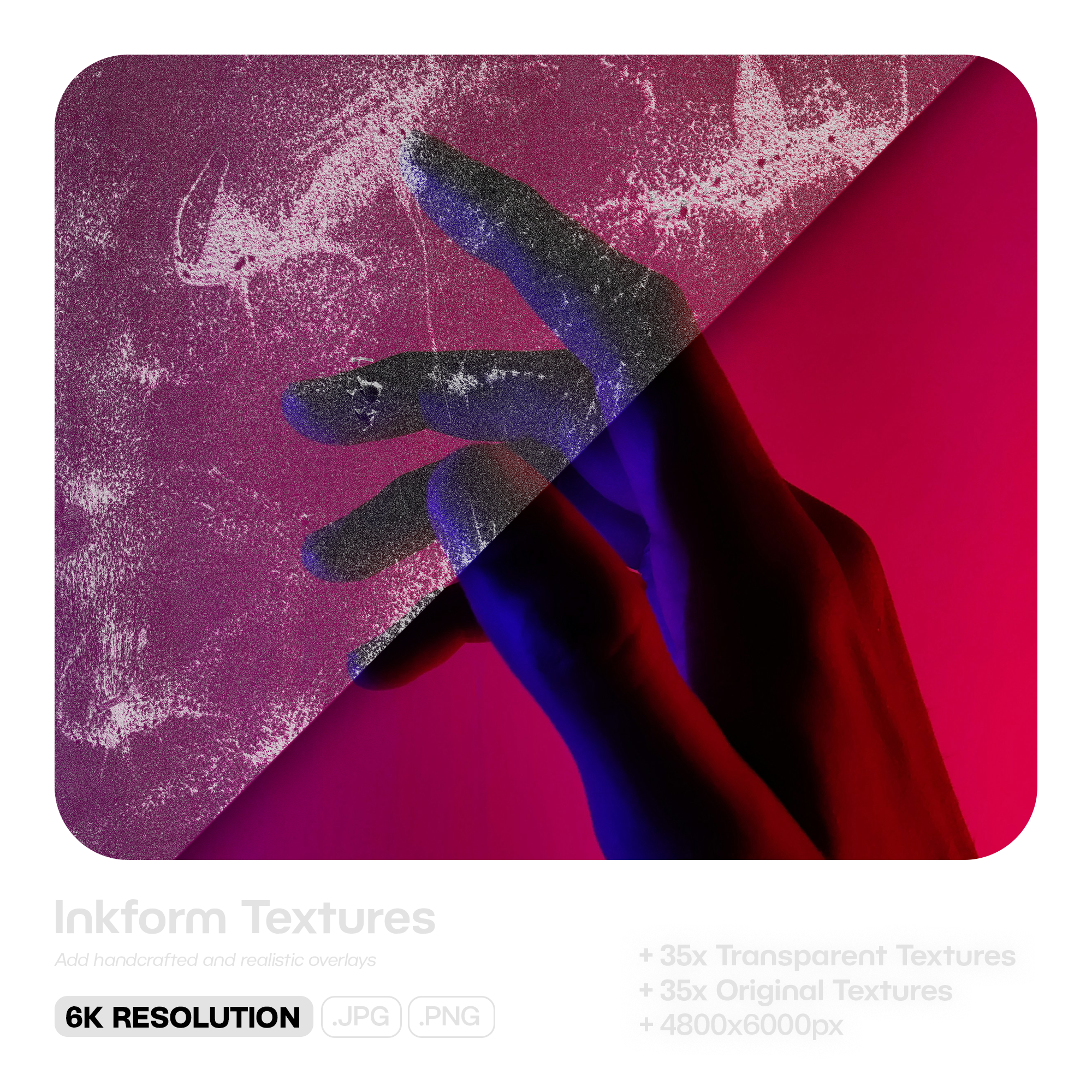 A graphic design of a person's hand with fingers extended, featuring a split color effect of blue and red. The background is textured with pink and purple hues, and the image is labeled as 6K resolution.