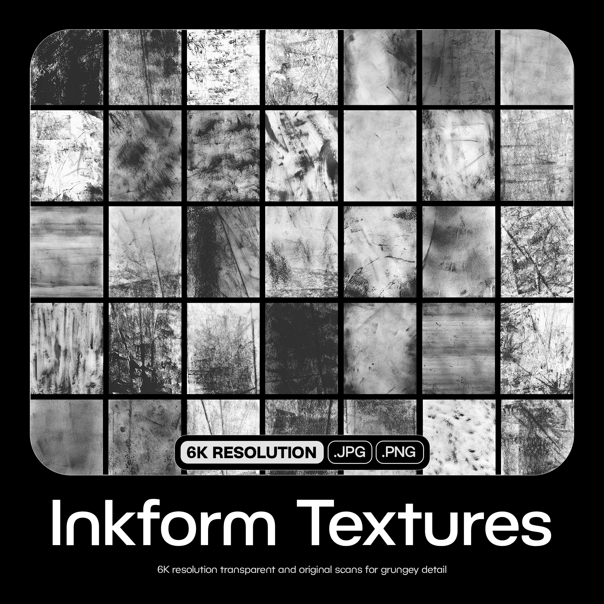 Collection of 36 black and white grungy inkform textures with various scratches, stains, and abstract patterns.