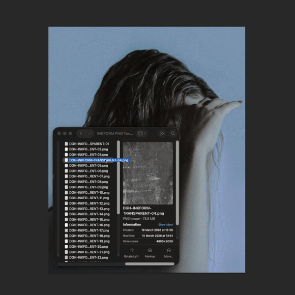 A person with long hair covering part of their face, holding their hand up to their forehead, with a digital device displaying file names and a transparent PNG image on the screen.