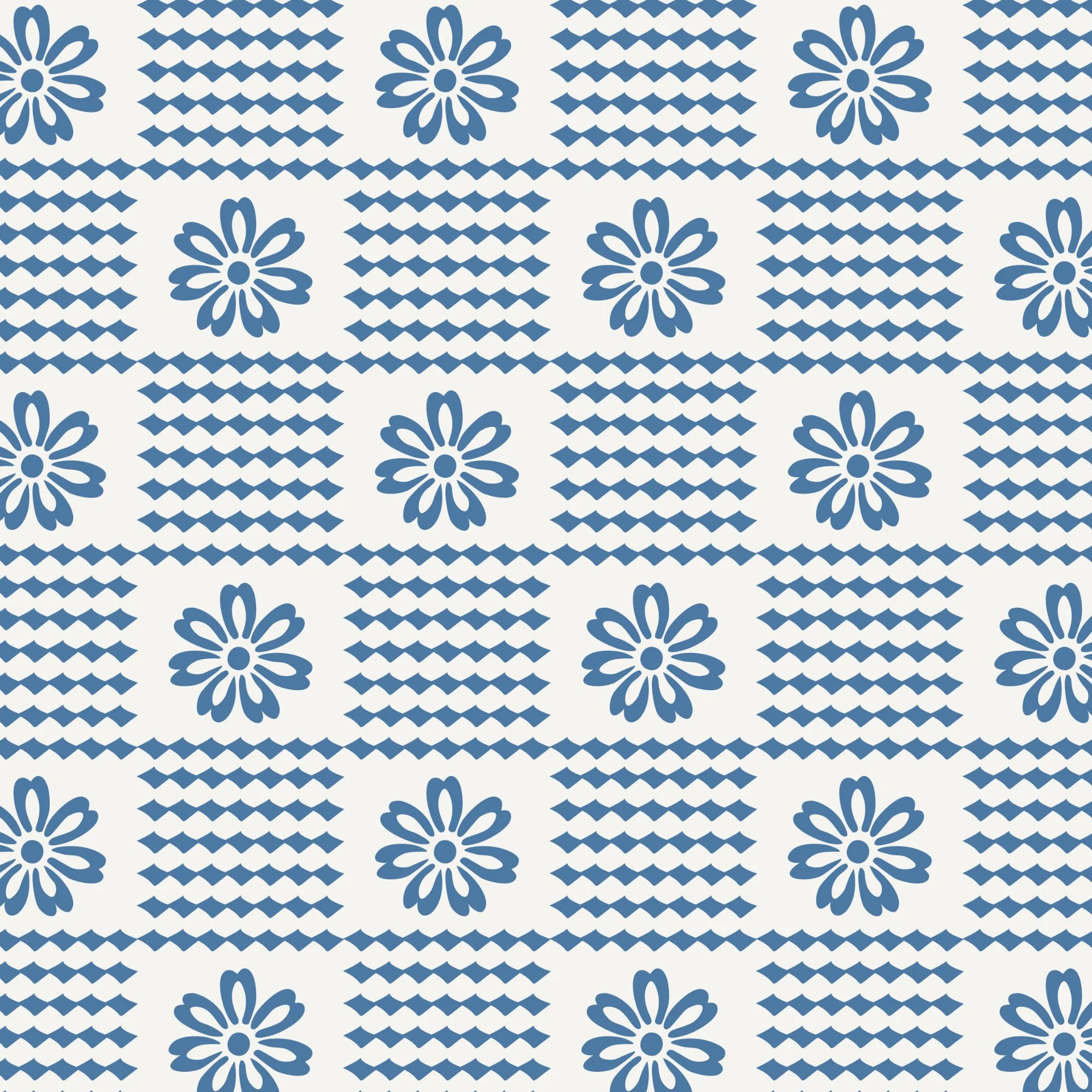 Rustic Cottagecore Floral Geometric Grid in Off-White on Blue pattern by EliveraDesigns