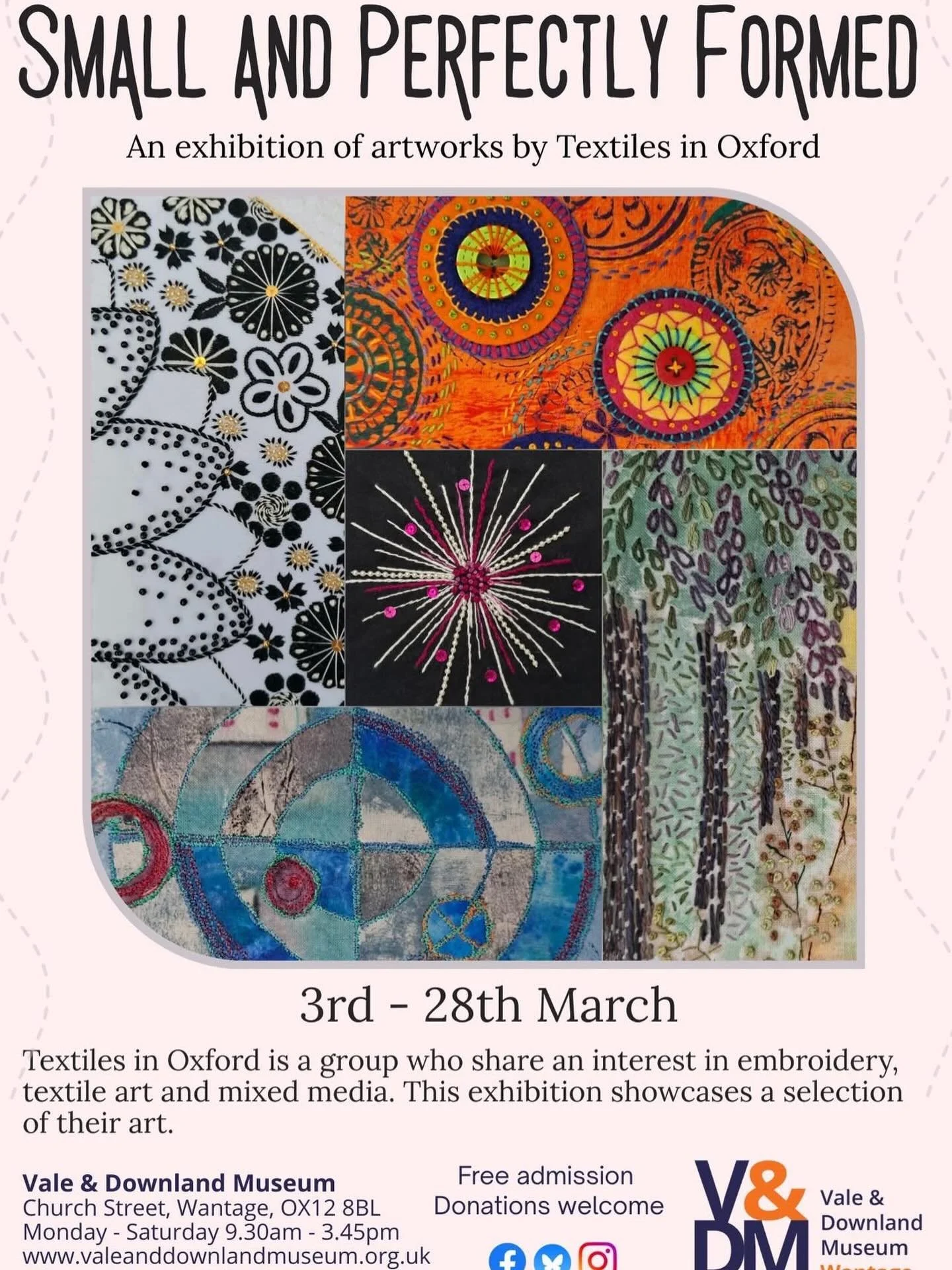 I&rsquo;m taking part in the &lsquo;small and perfectly formed&rsquo; exhibition with Textiles in Oxford at the Vale and Downland Museum in March. 
The exhibition consists of 6x6 inch stitched canvases with 3 different themes. Spooling Around, Black 