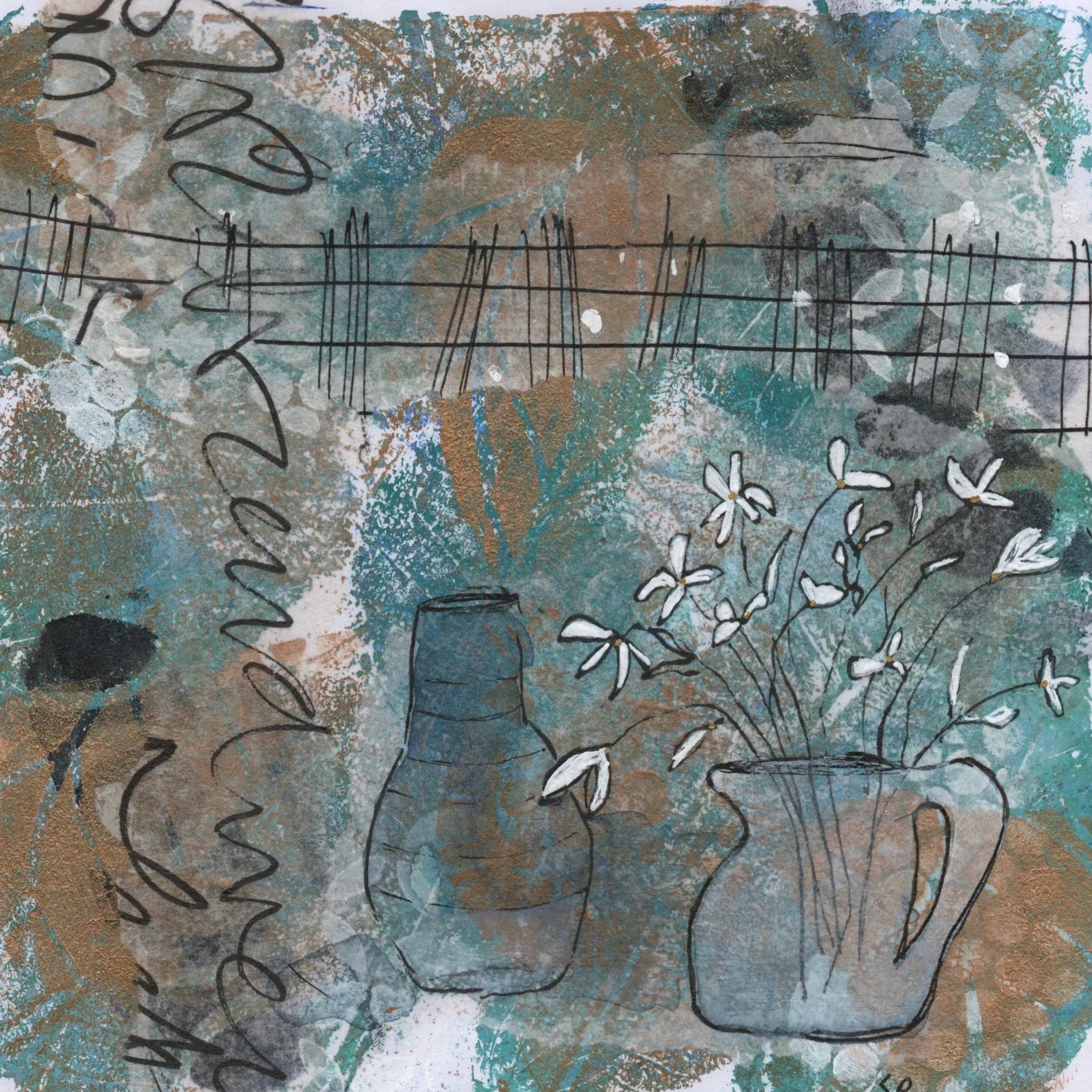 Pots and flowers - collage and mono print