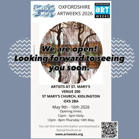 @artistsatstmarys are open for @oxfordshireartweeks 
Late night shopping Thursday, loads of gorgeous art , masses of greetings cards, a beautiful venue (200), river, canal and meadow walks - and cake.
Come and see for yourself. 
Looking forward to se