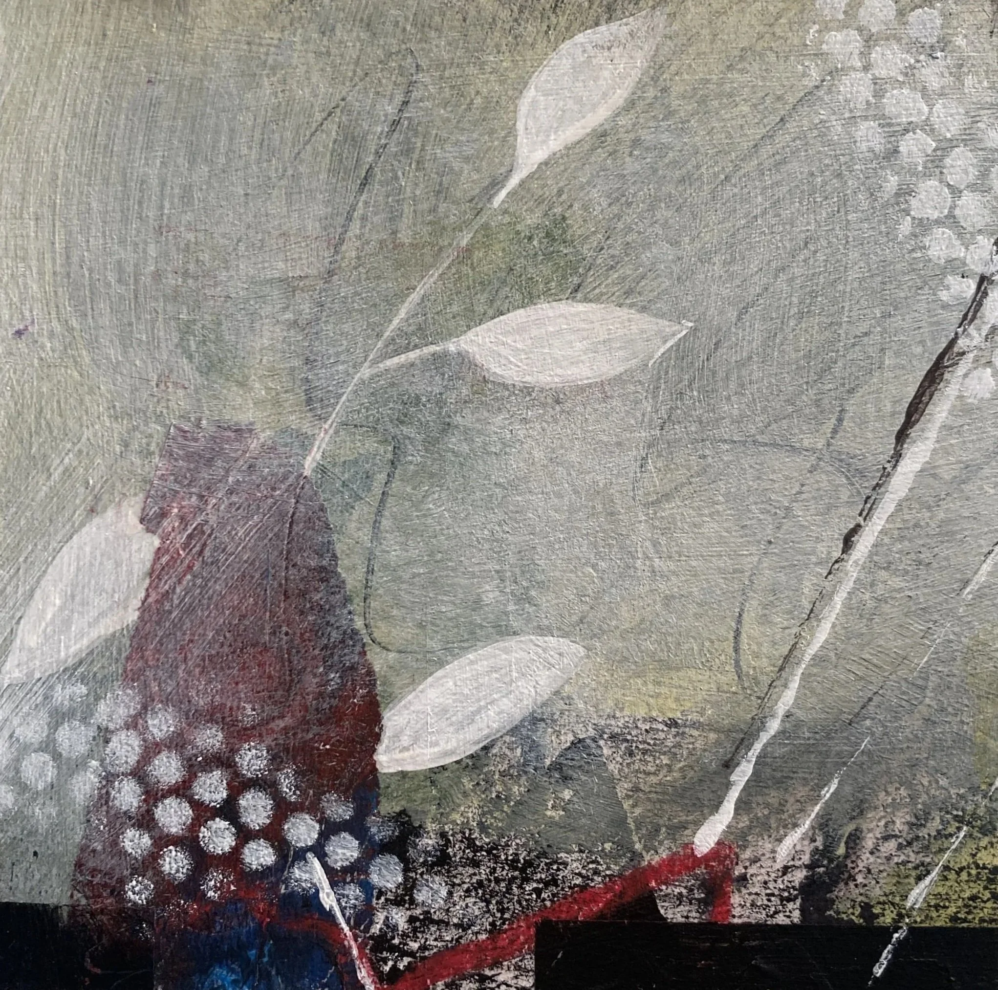 Abstract painting with white leaves, a dark red and white dotted section, and various brushstrokes in gray, white, and black.