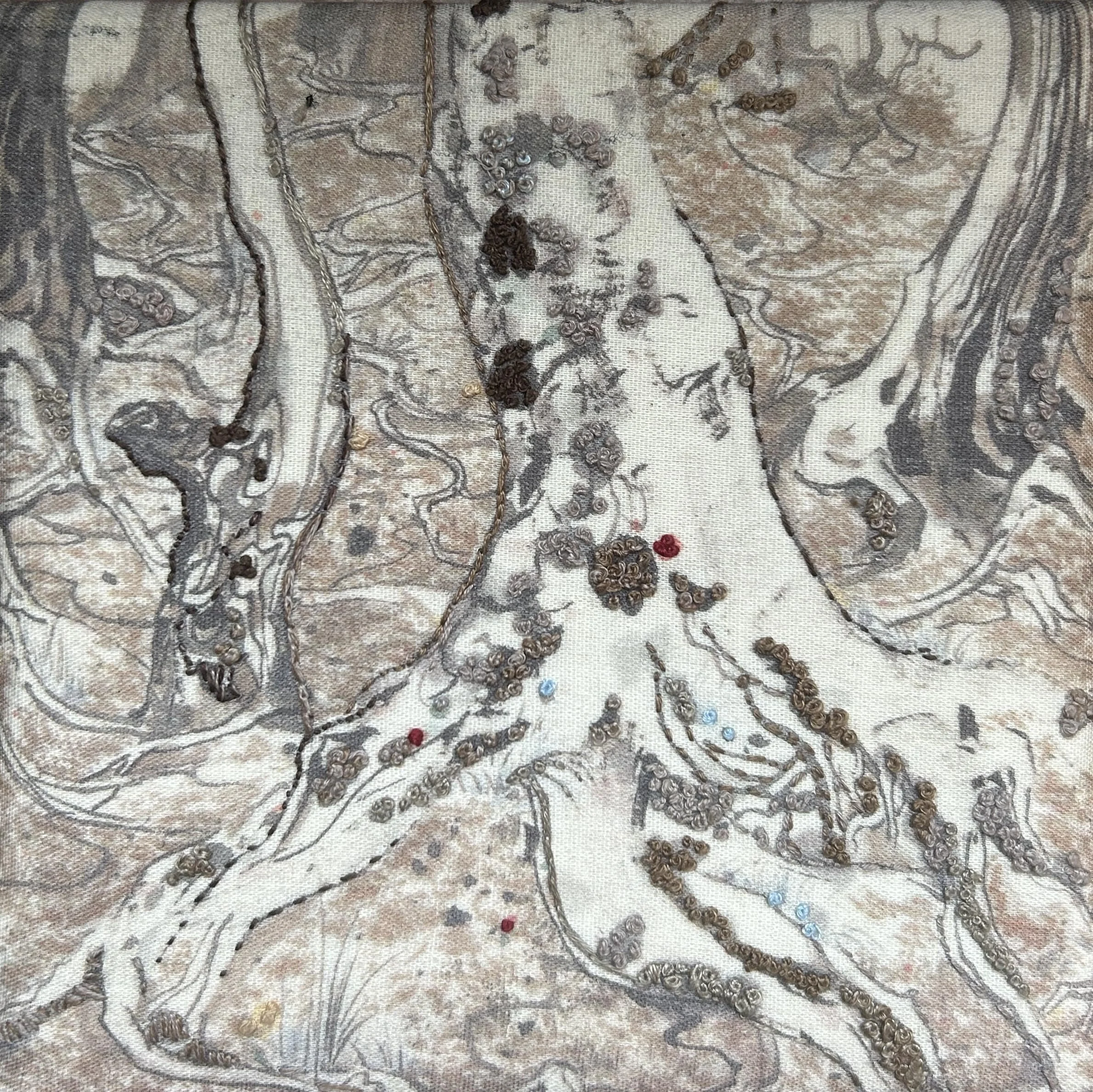 Into the woods. Hand embroidery on print