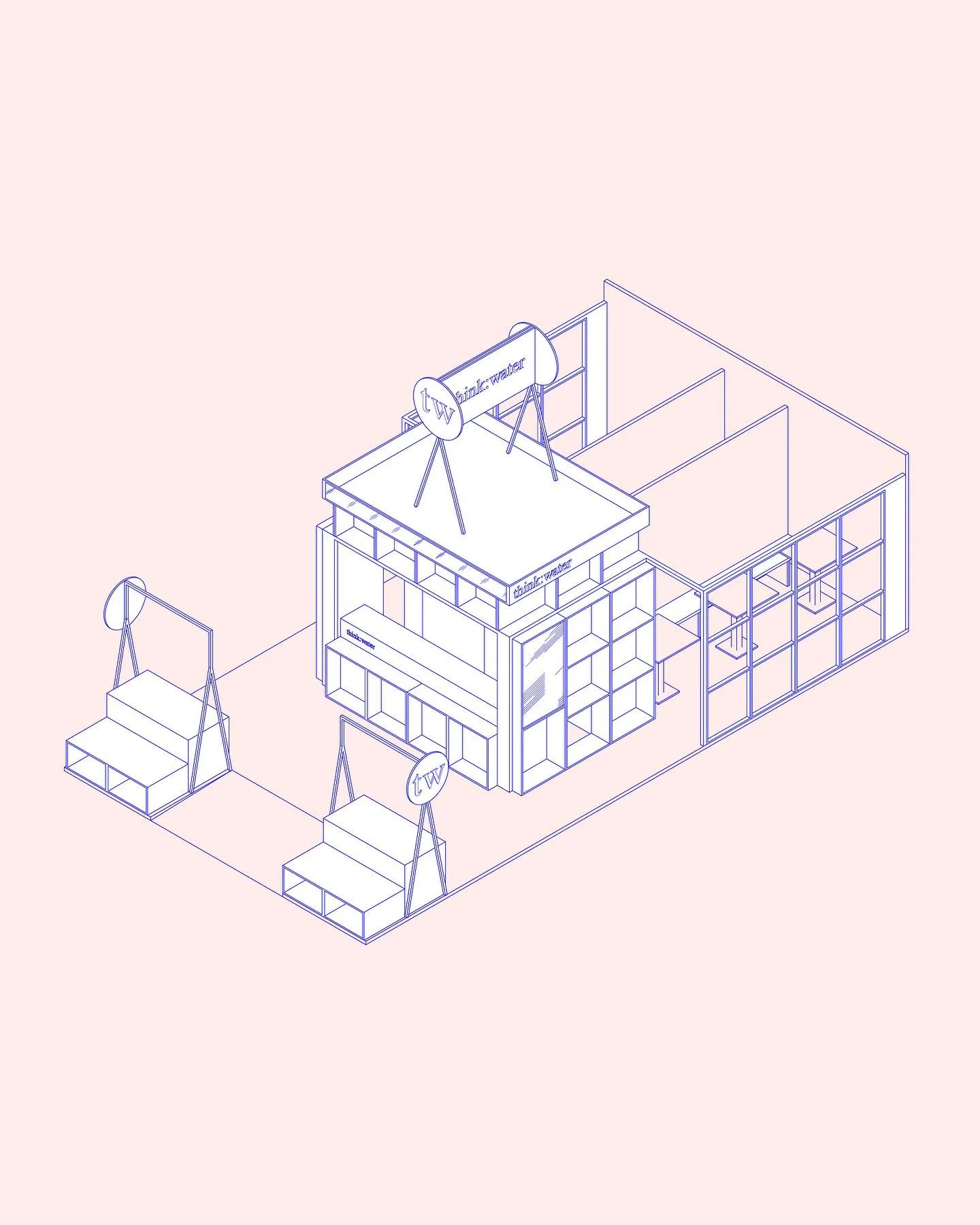 Il sistema espositivo modulare per gli allestimenti @thinkwater_italia del 2025 &egrave; un abaco di volumi e nicchie espositive che si combinano seguendo la maglia quadrata e sovrapponendo le tonalit&agrave; dell&rsquo;azzurro, del bianco e l&rsquo;