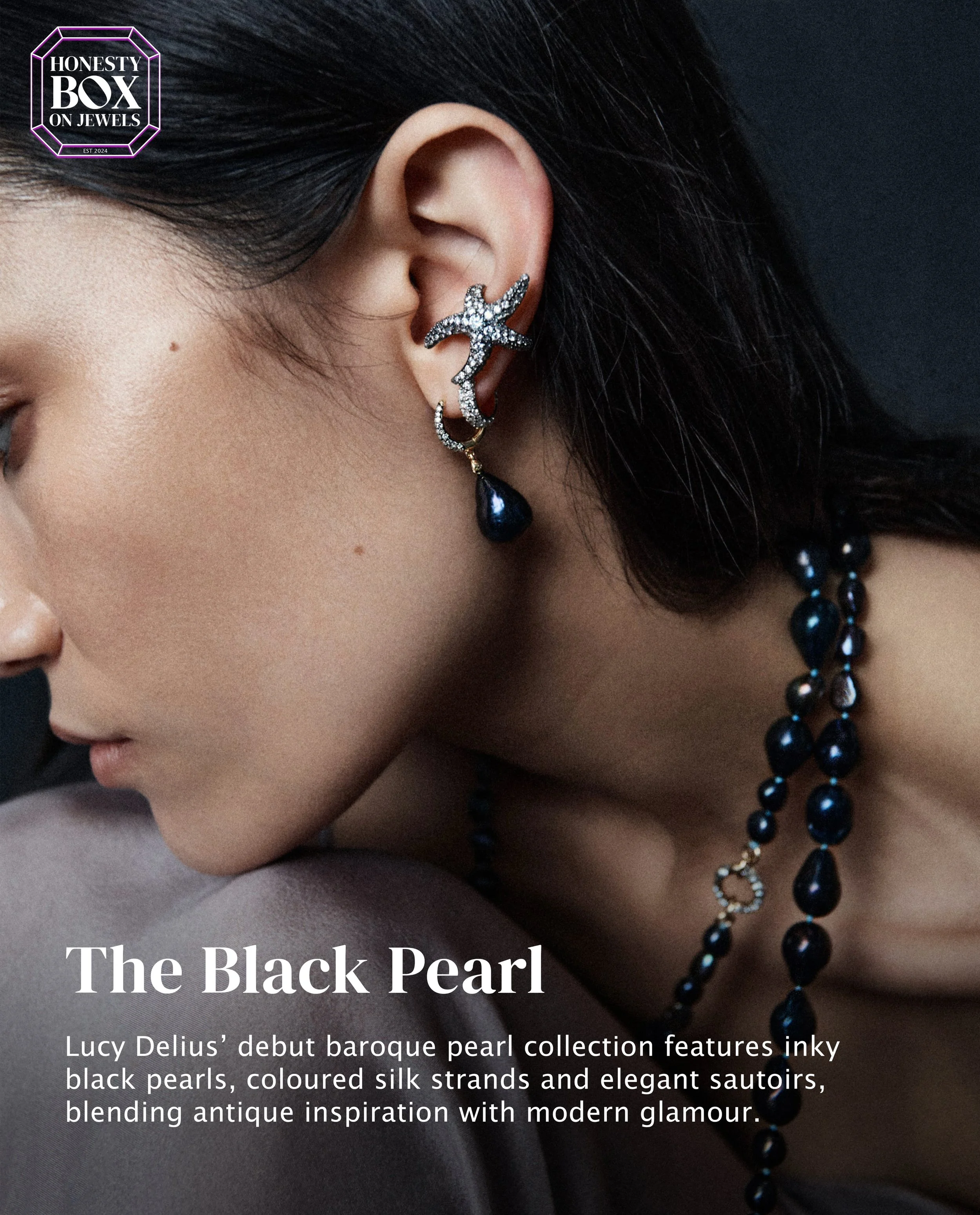As featured in the latest edition of Honesty Box on Jewels, Lucy Delius has launched her first baroque pearl collection, filled with inky black pearls strung on coloured silk and dramatic waist-length sautoirs.

Part of A Siren&rsquo;s Call, the new 