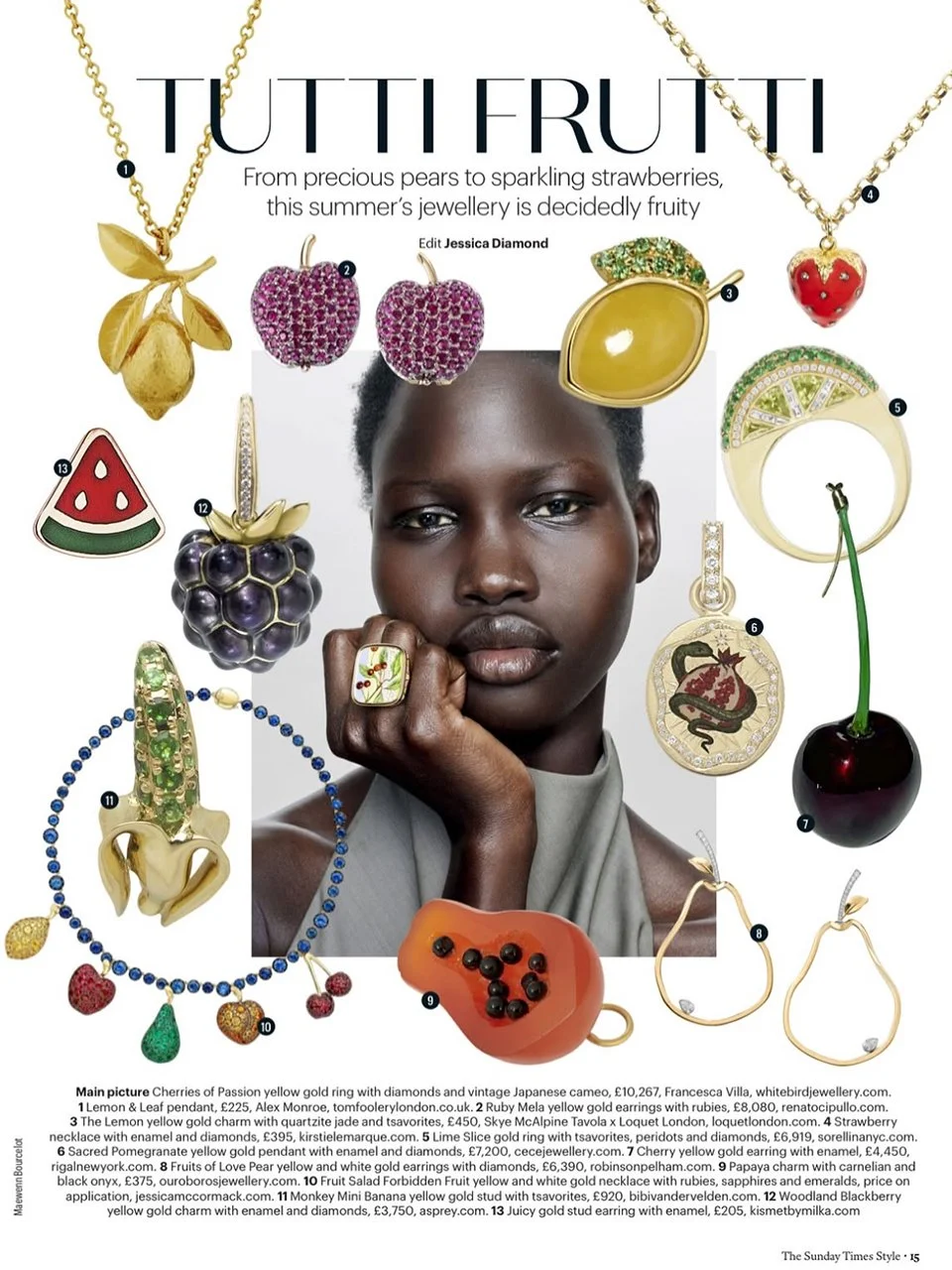 A collage of jewelry featuring pendants, earrings, and charms inspired by fruits like strawberries, cherries, a lemon, a pomegranate, watermelons, and a candied fruit, displayed around a photo of a woman with dark skin and short hair.
