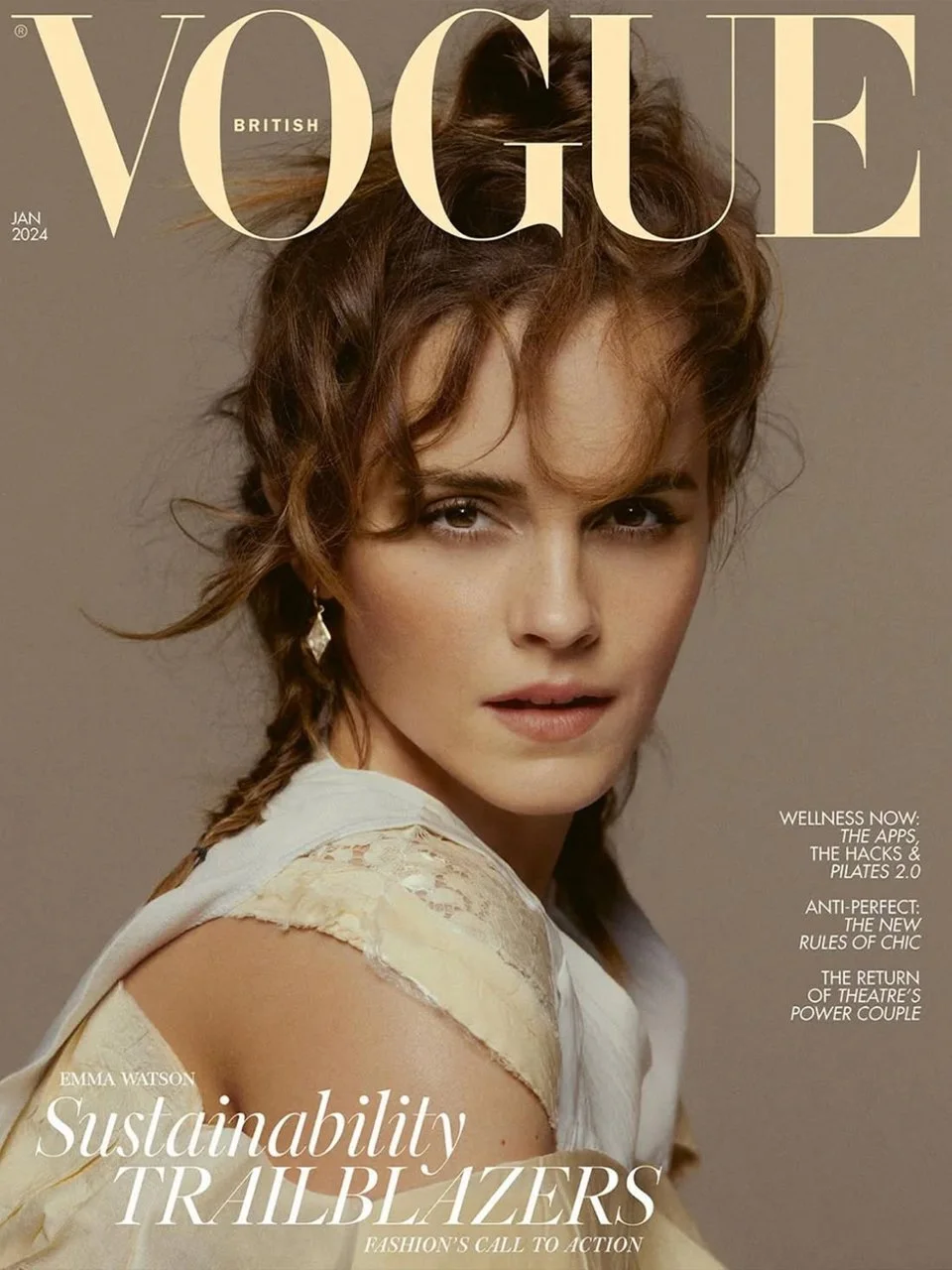 Vogue British magazine cover featuring Emma Watson with the headline 'Sustainability Trailblazers' and other articles related to wellness, fit, and theatre.