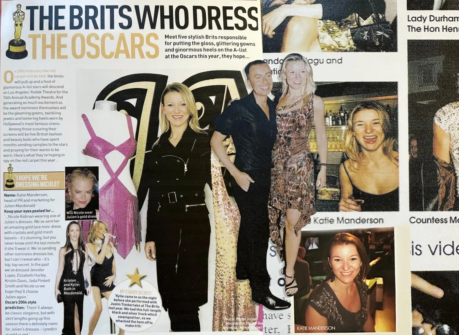 People standing in front of a backdrop with the Oscars logo at an event. Three women and one man smiling for the camera. The women are wearing fashionable dresses, and the man is dressed in a dark shirt.