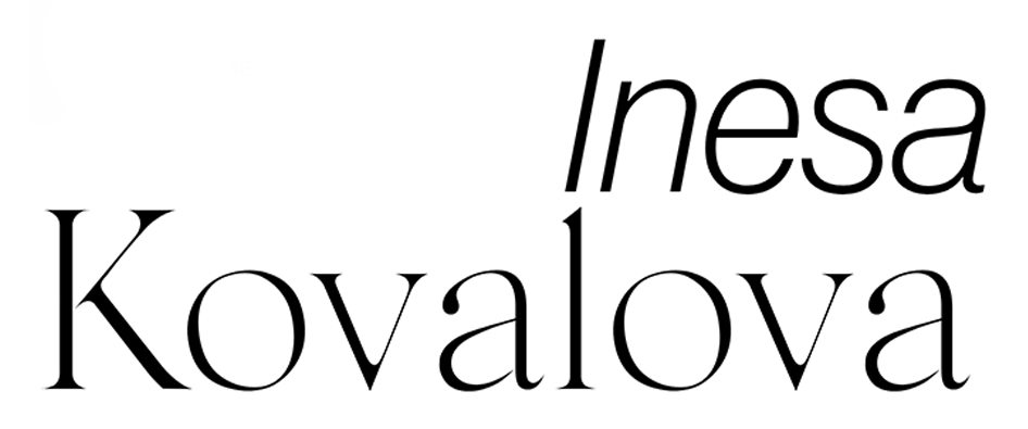 Graphic with the names 'Inesa Kovalova' and 'Kovalova' in black text, with 'Inesa' in a smaller font above 'Kovalova' in a larger font.