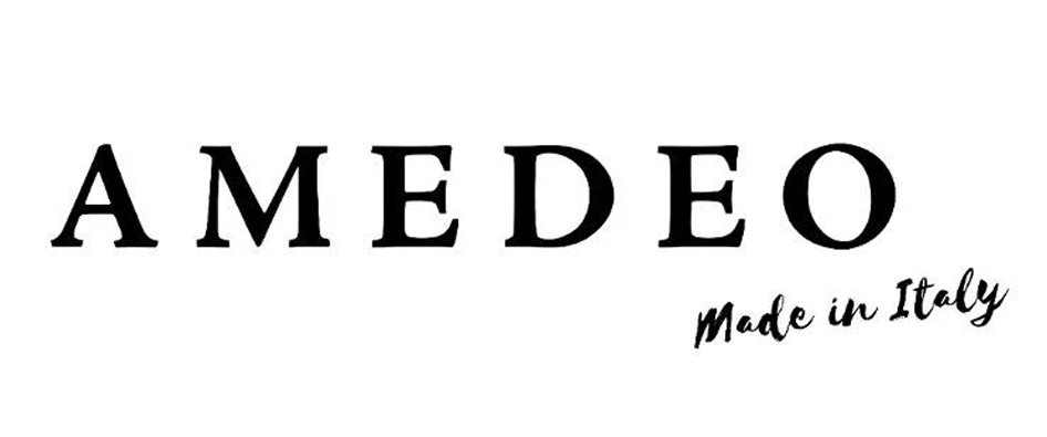 Logo with the word 'AMEDEO' in large black letters and the phrase 'Made in Italy' in cursive.