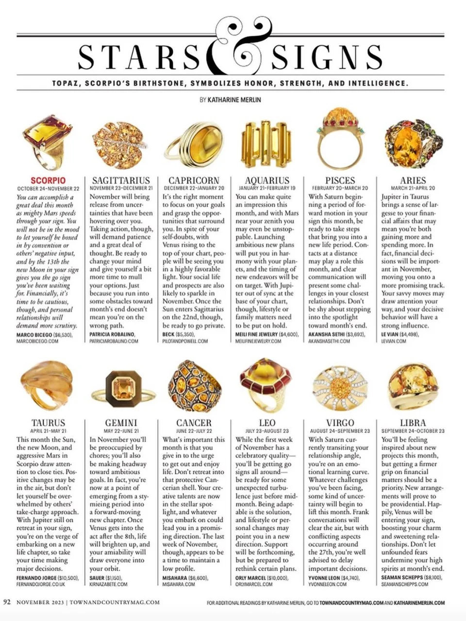 Page from a magazine featuring a zodiac sign guide with descriptions of stars and signs including Scorpio, Sagittarius, Capricorn, Aquarius, Pisces, Aries, Taurus, Gemini, Cancer, Leo, Virgo, and Libra. Each sign is accompanied by a description and a