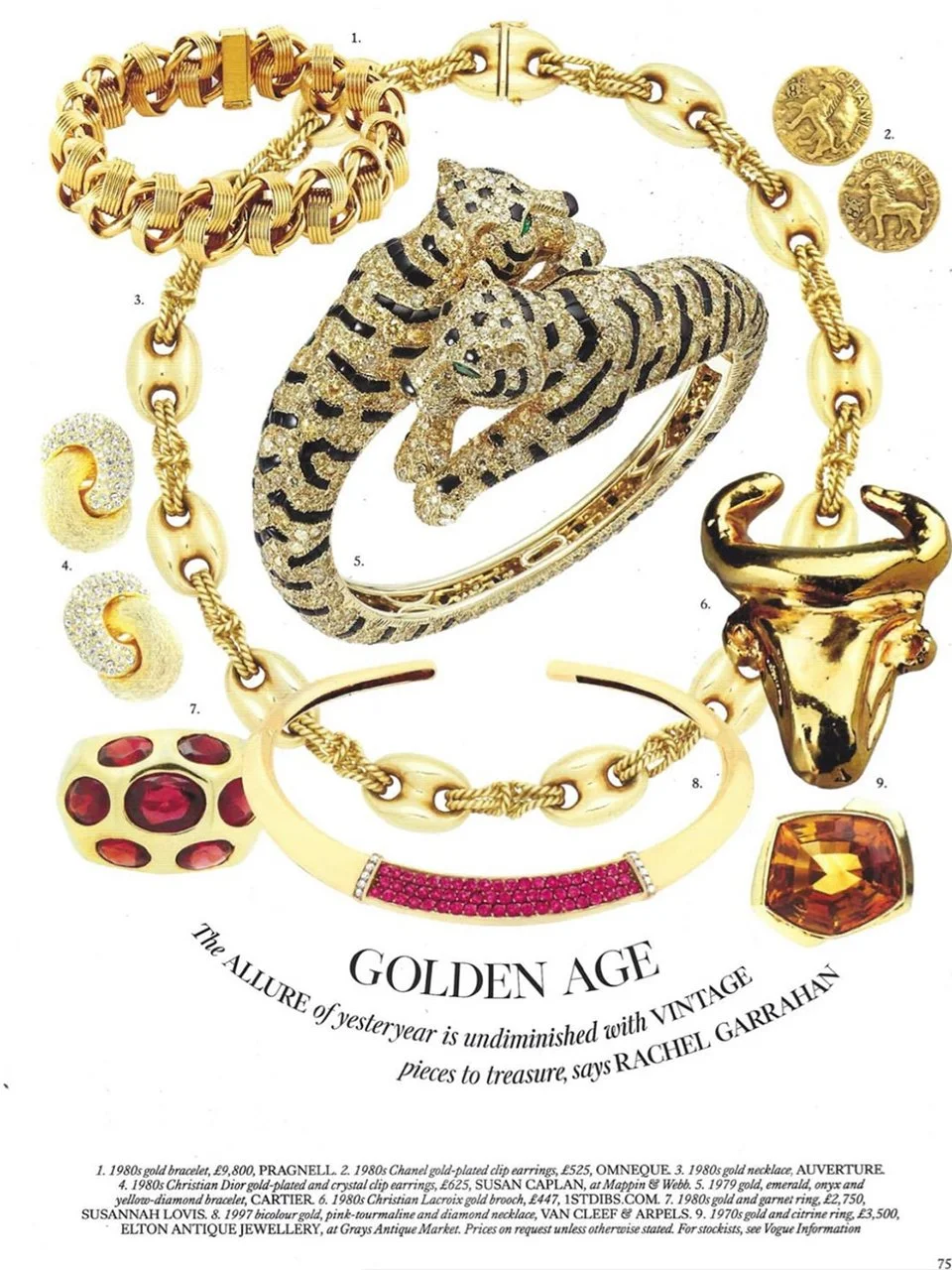 Collection of vintage gold jewelry, including a gold bracelet, earrings, necklace, rings, and a brooch, inspired by the 'Golden Age' with intricate designs, diamonds, and gemstones.
