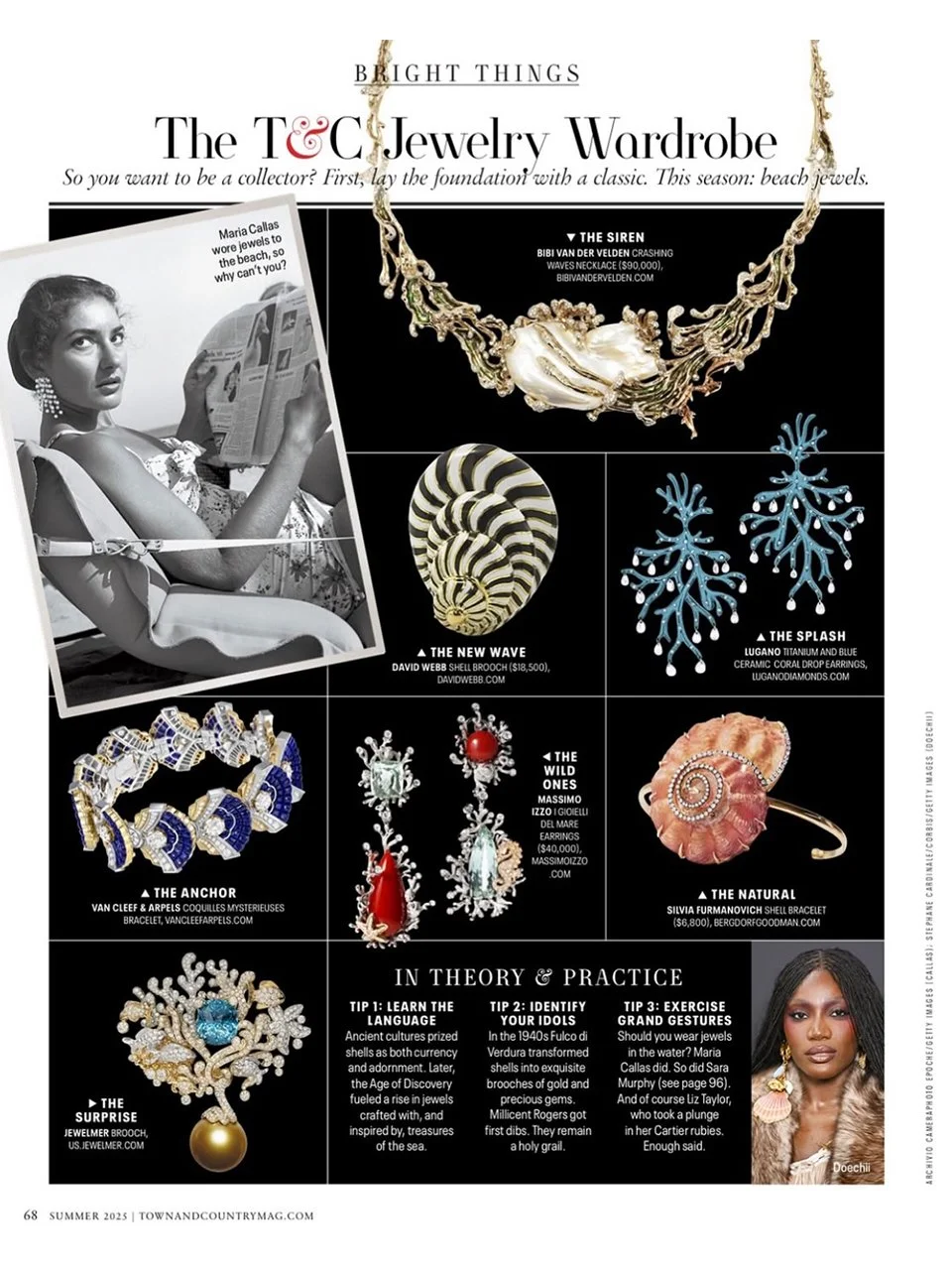 Magazine page featuring jewelry and fashion accessories with text about jewelry trends, and images of a woman with jewelry, necklaces, earrings, rings, and a brooch.