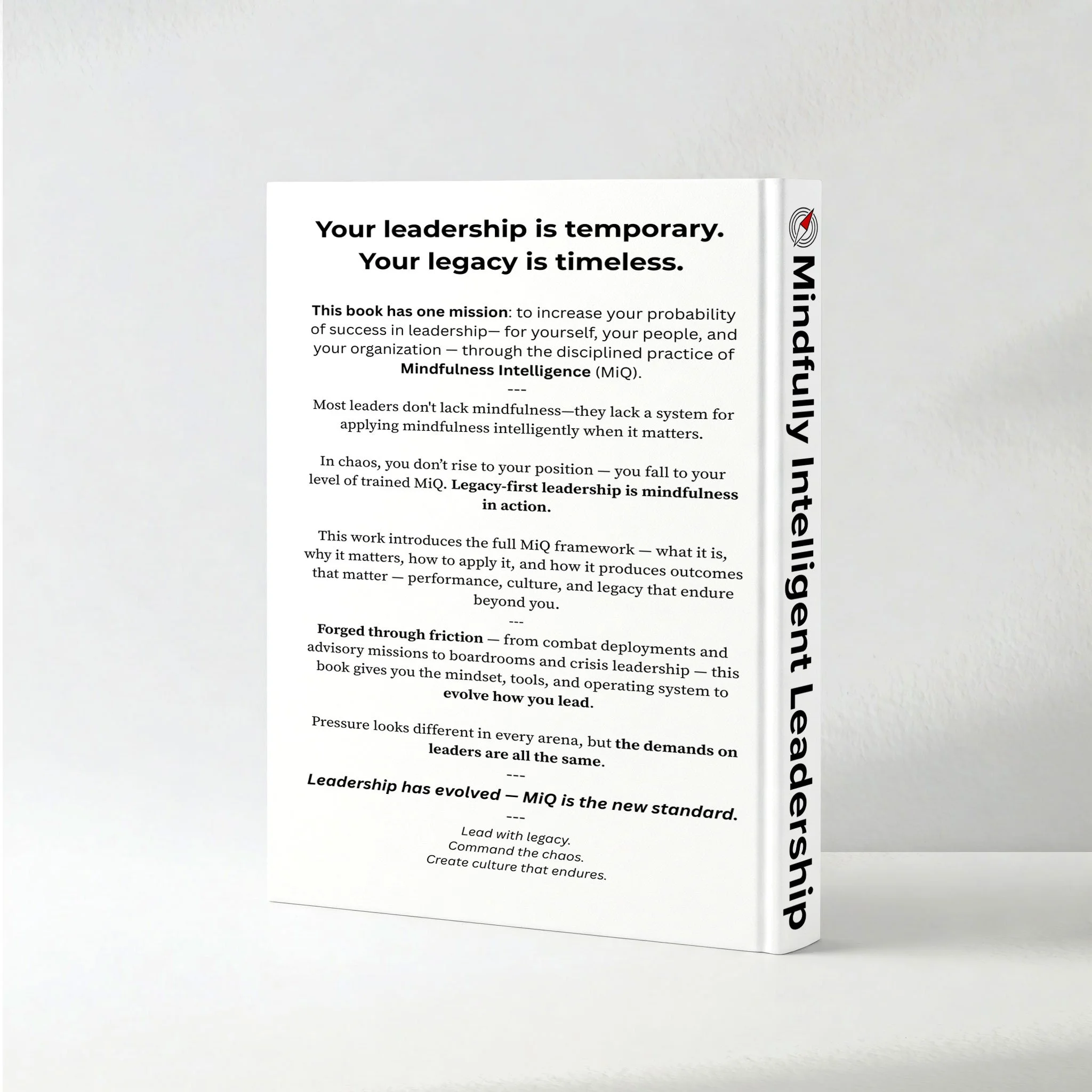 Back cover of Mindfully Intelligent Leadership book by Alex Rodino describing the MiQ leadership framework