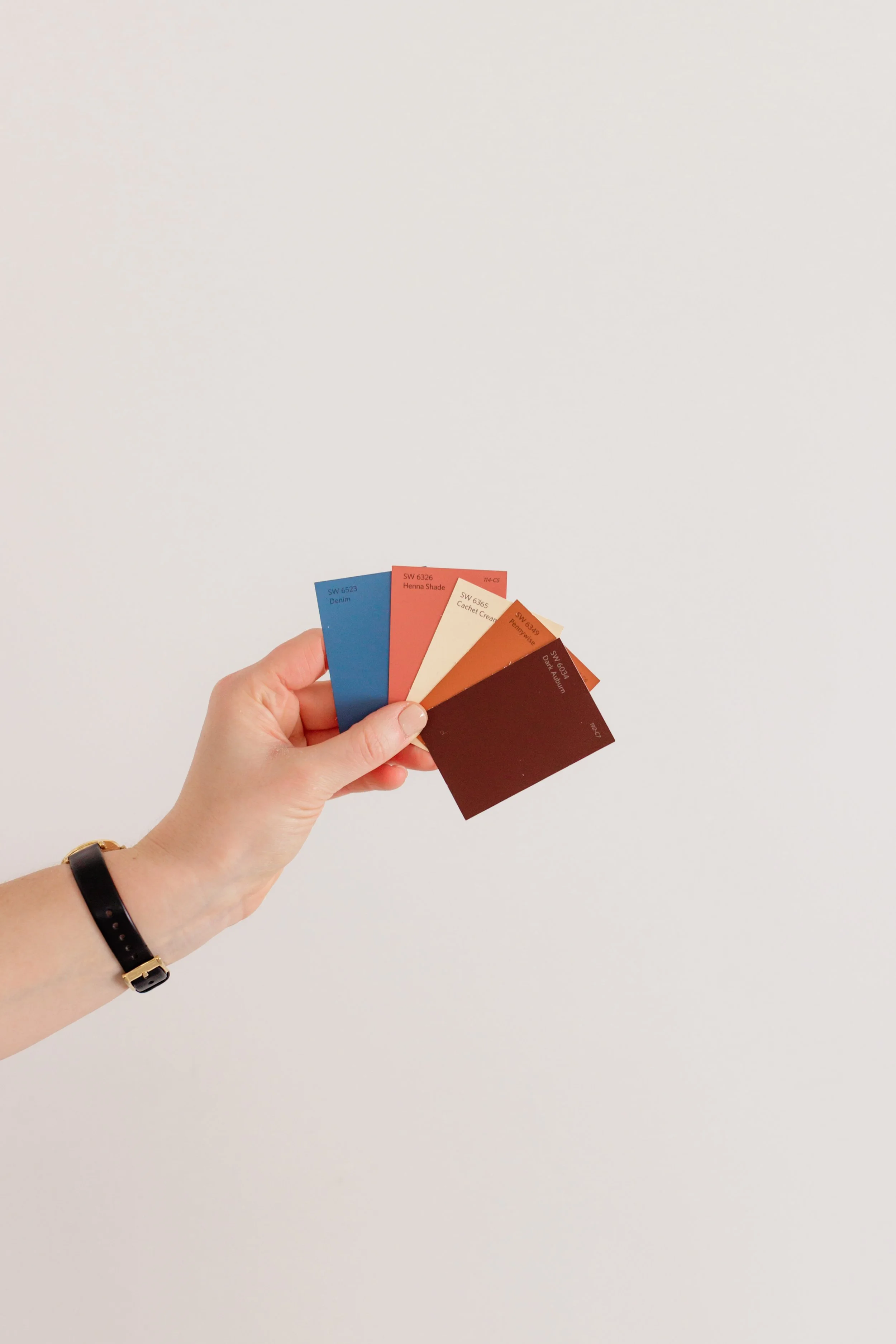 A hand holding a fan of five color swatch cards with various shades of blue, peach, orange, red, and brown against a plain white background.