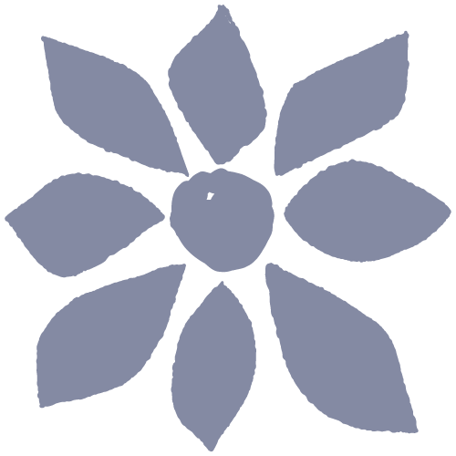 Stylized flower with eight petals surrounding a central circle, in shades of blue on a black background.